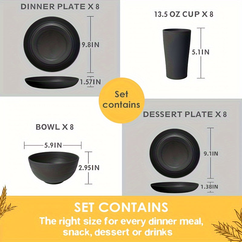 16/ 32pcs Black Kitchen Plastic Wheat Straw Dinnerware Set,