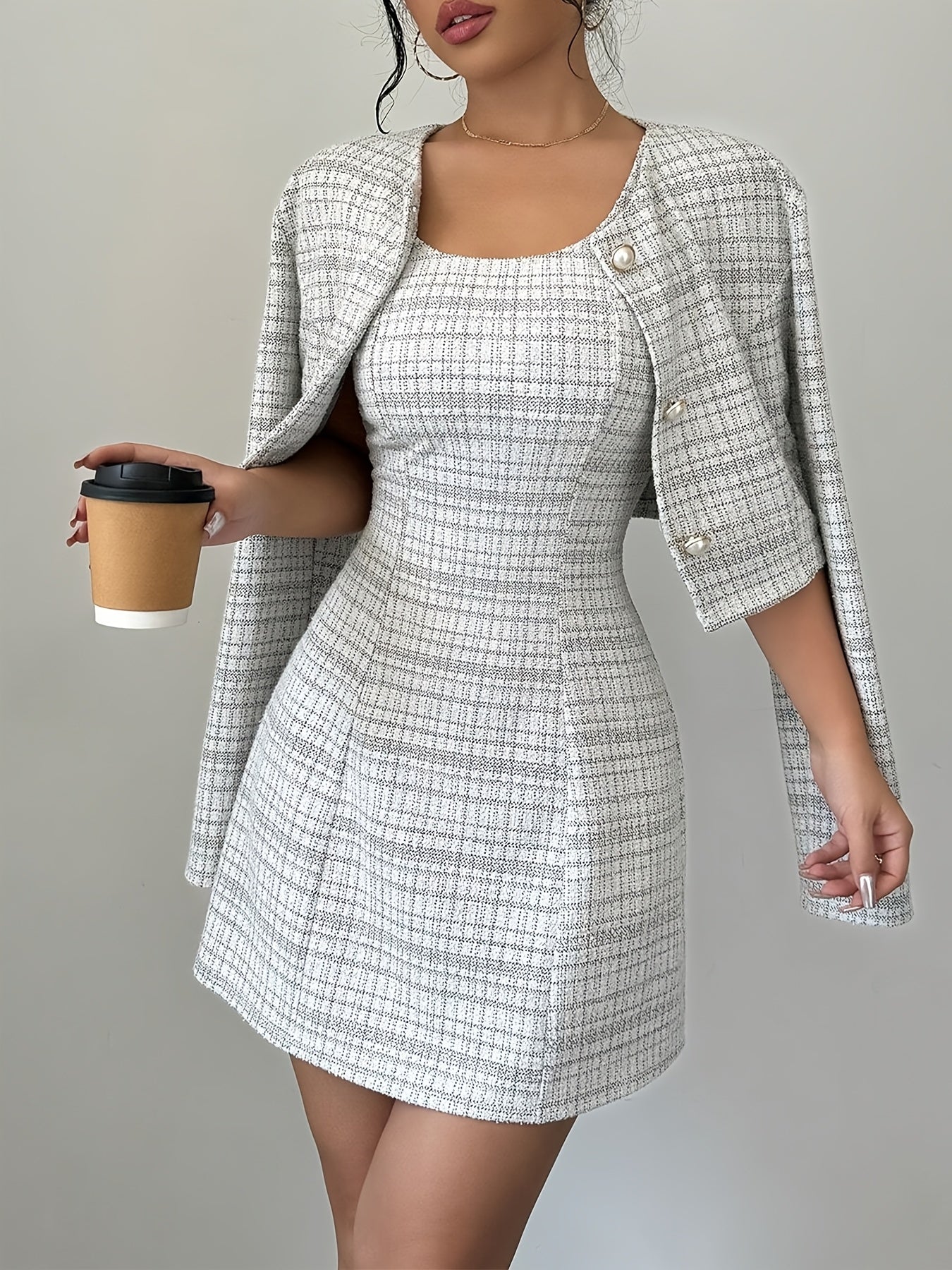Athanasia Elegant Plaid Dress and Jacket Set