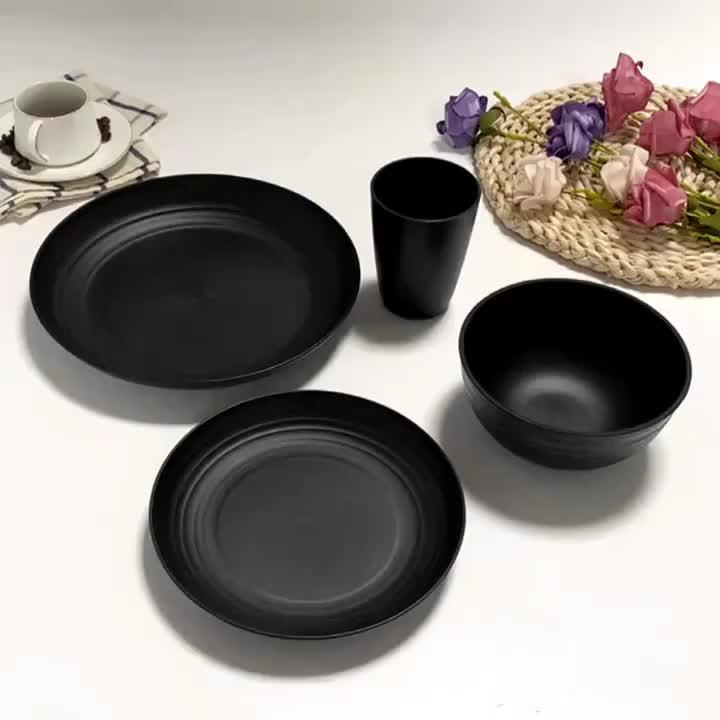 16/ 32pcs Black Kitchen Plastic Wheat Straw Dinnerware Set,