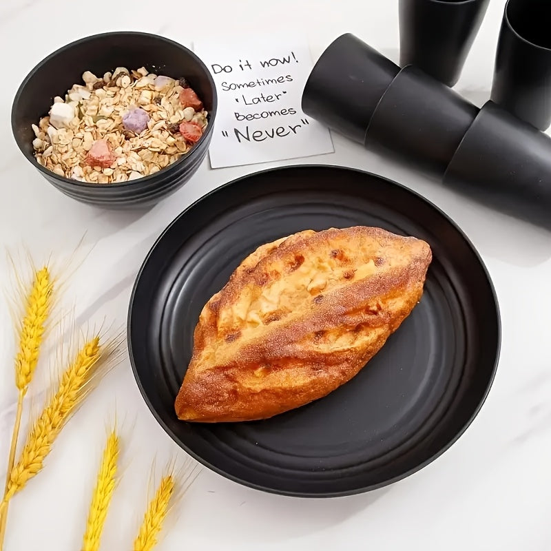 16/ 32pcs Black Kitchen Plastic Wheat Straw Dinnerware Set,