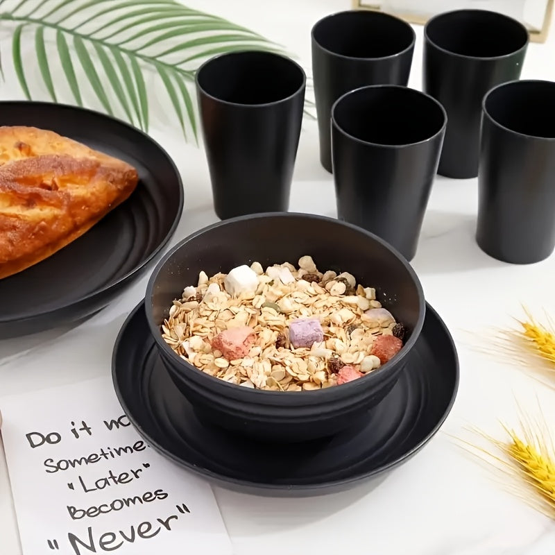 16/ 32pcs Black Kitchen Plastic Wheat Straw Dinnerware Set,