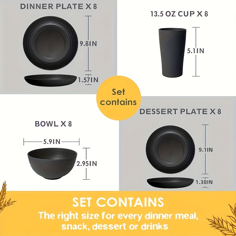 16/ 32pcs Black Kitchen Plastic Wheat Straw Dinnerware Set,