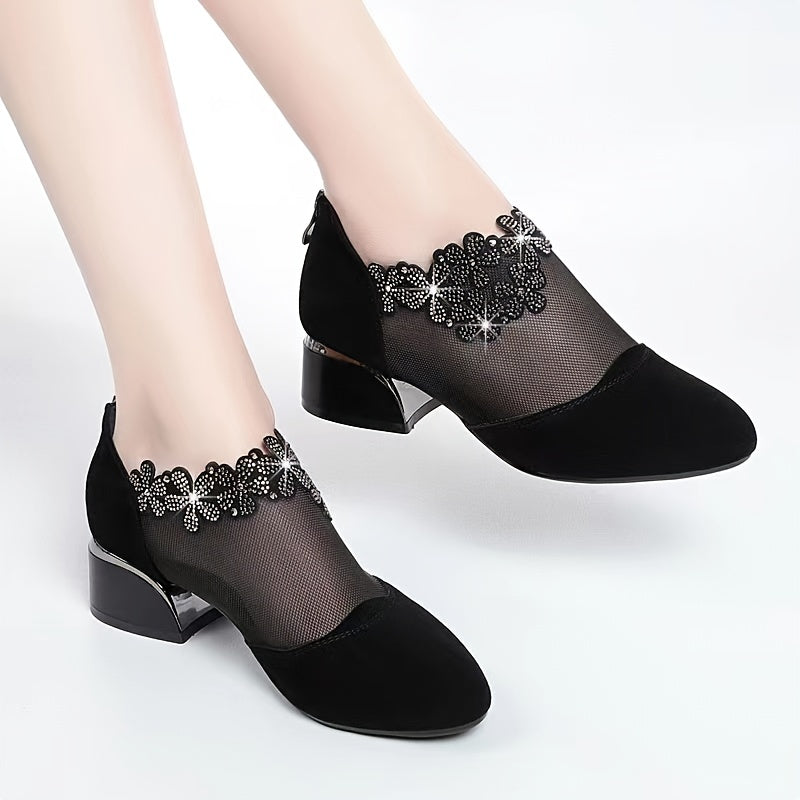 Austin5 Rhinestone Mesh Block Heels
