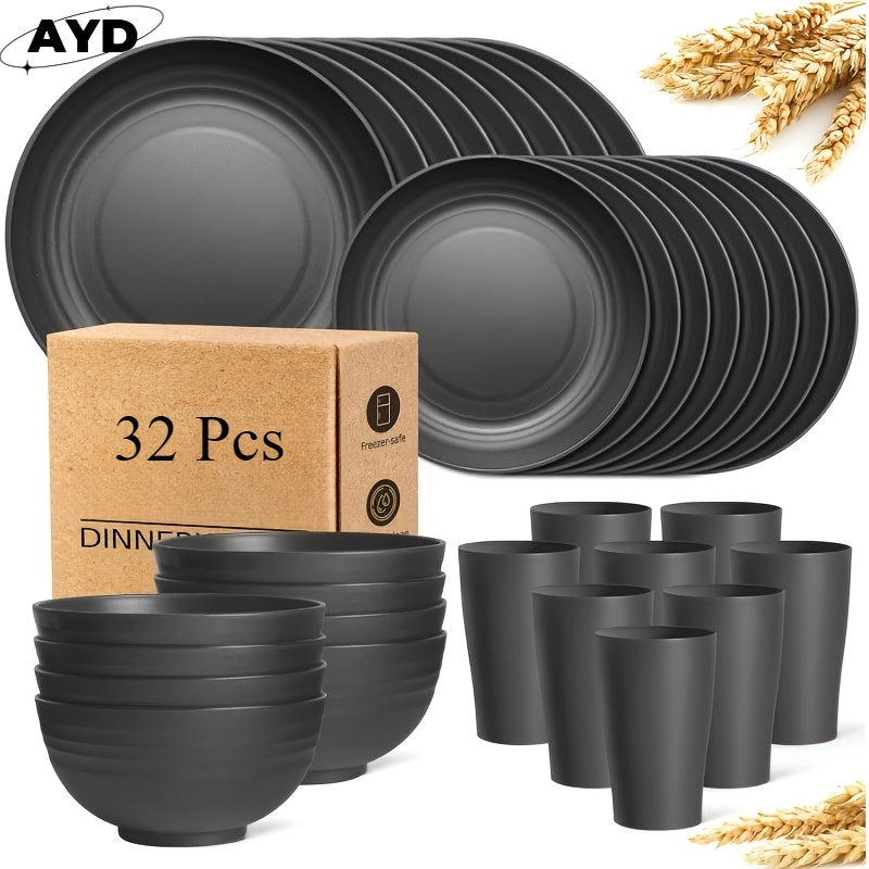 16/ 32pcs Black Kitchen Plastic Wheat Straw Dinnerware Set,