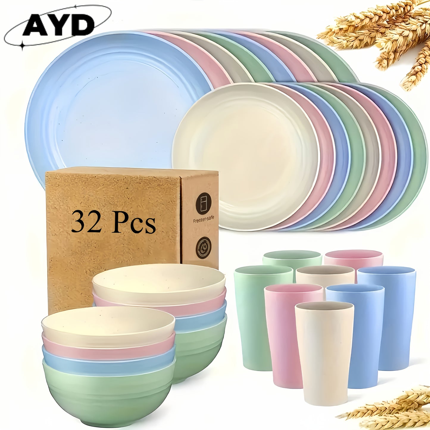 16/ 32pcs Black Kitchen Plastic Wheat Straw Dinnerware Set,