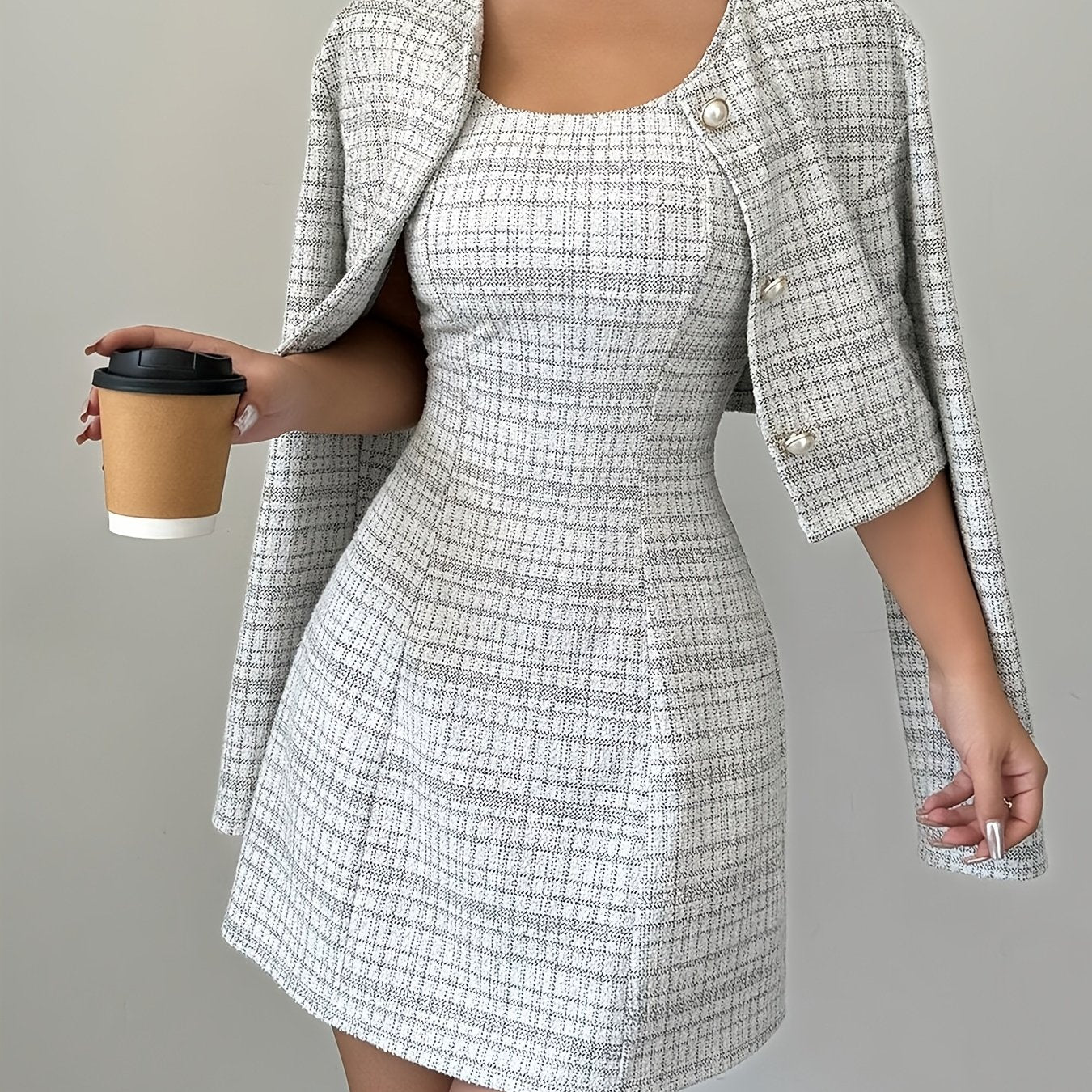 Athanasia Elegant Plaid Dress and Jacket Set