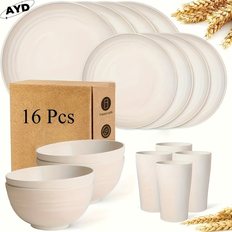 16/ 32pcs Black Kitchen Plastic Wheat Straw Dinnerware Set,