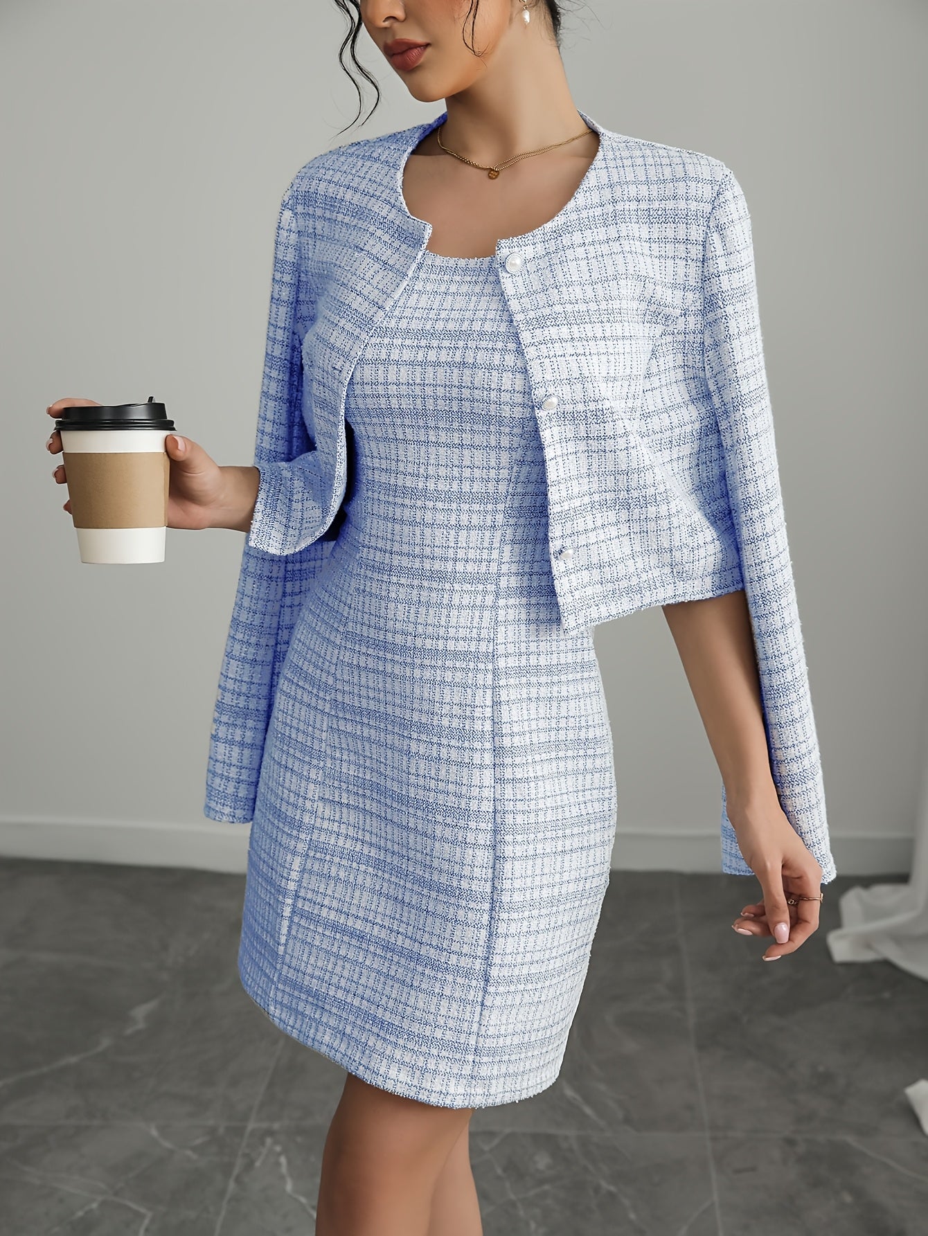 Athanasia Elegant Plaid Dress and Jacket Set