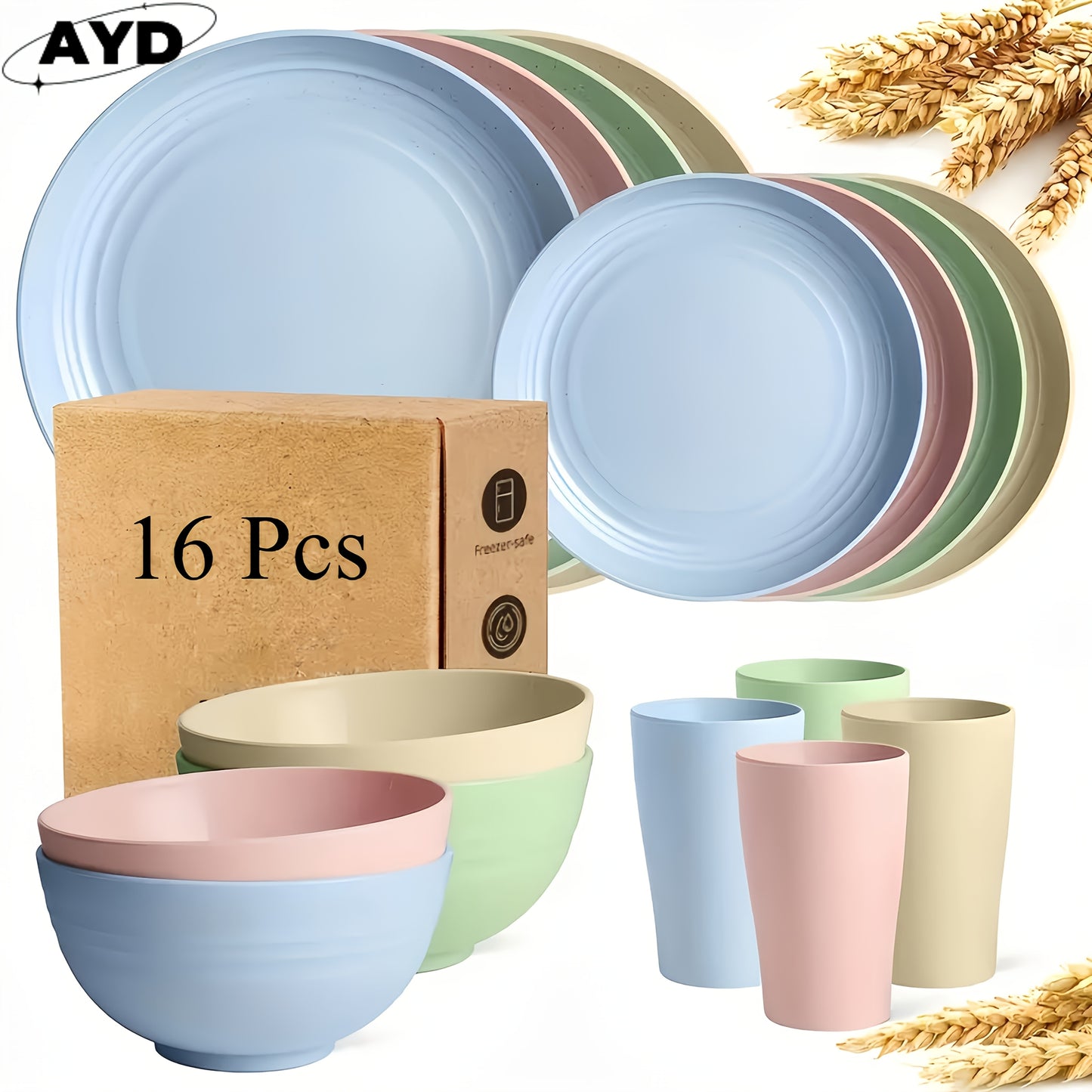 16/ 32pcs Black Kitchen Plastic Wheat Straw Dinnerware Set,