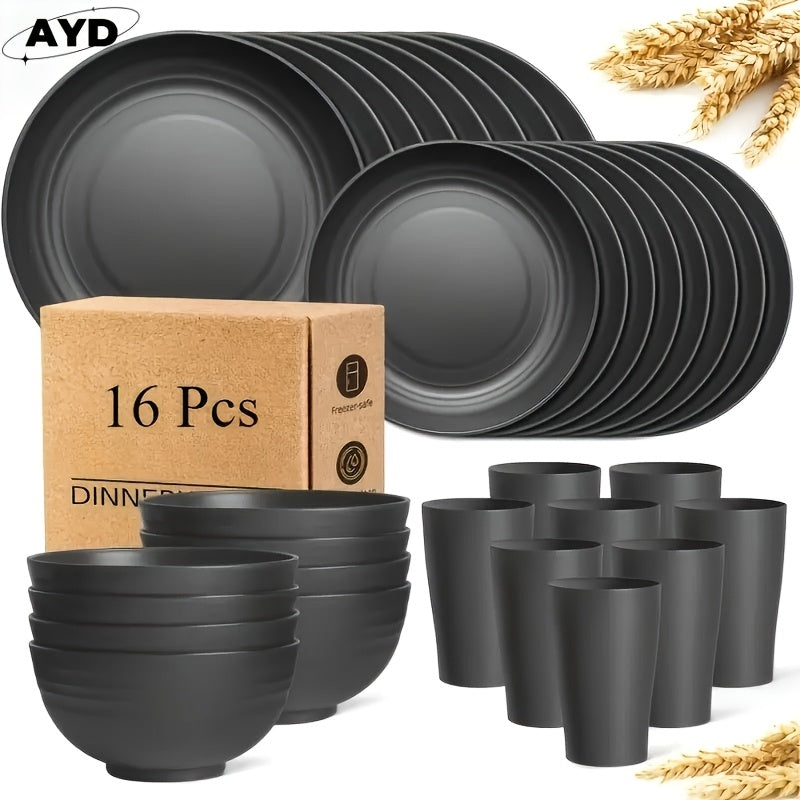 16/ 32pcs Black Kitchen Plastic Wheat Straw Dinnerware Set,