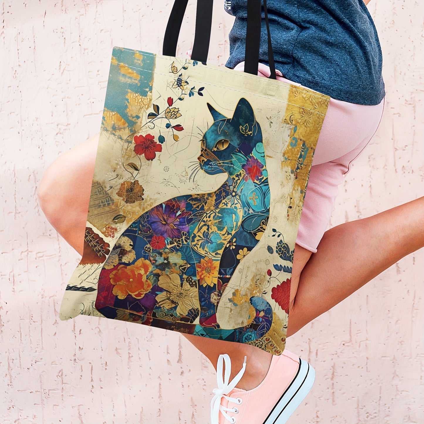 Quinn Cat & Floral Print Canvas Tote Bag