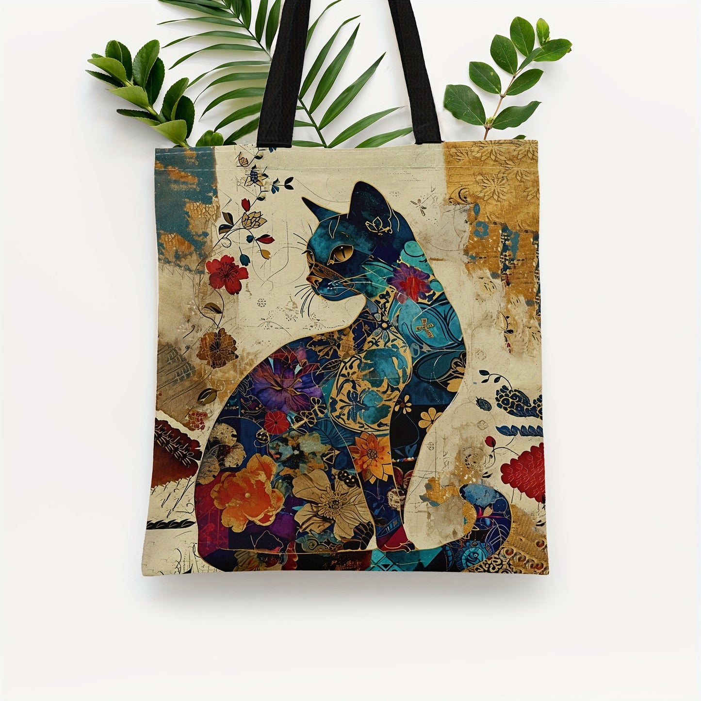 Quinn Cat & Floral Print Canvas Tote Bag
