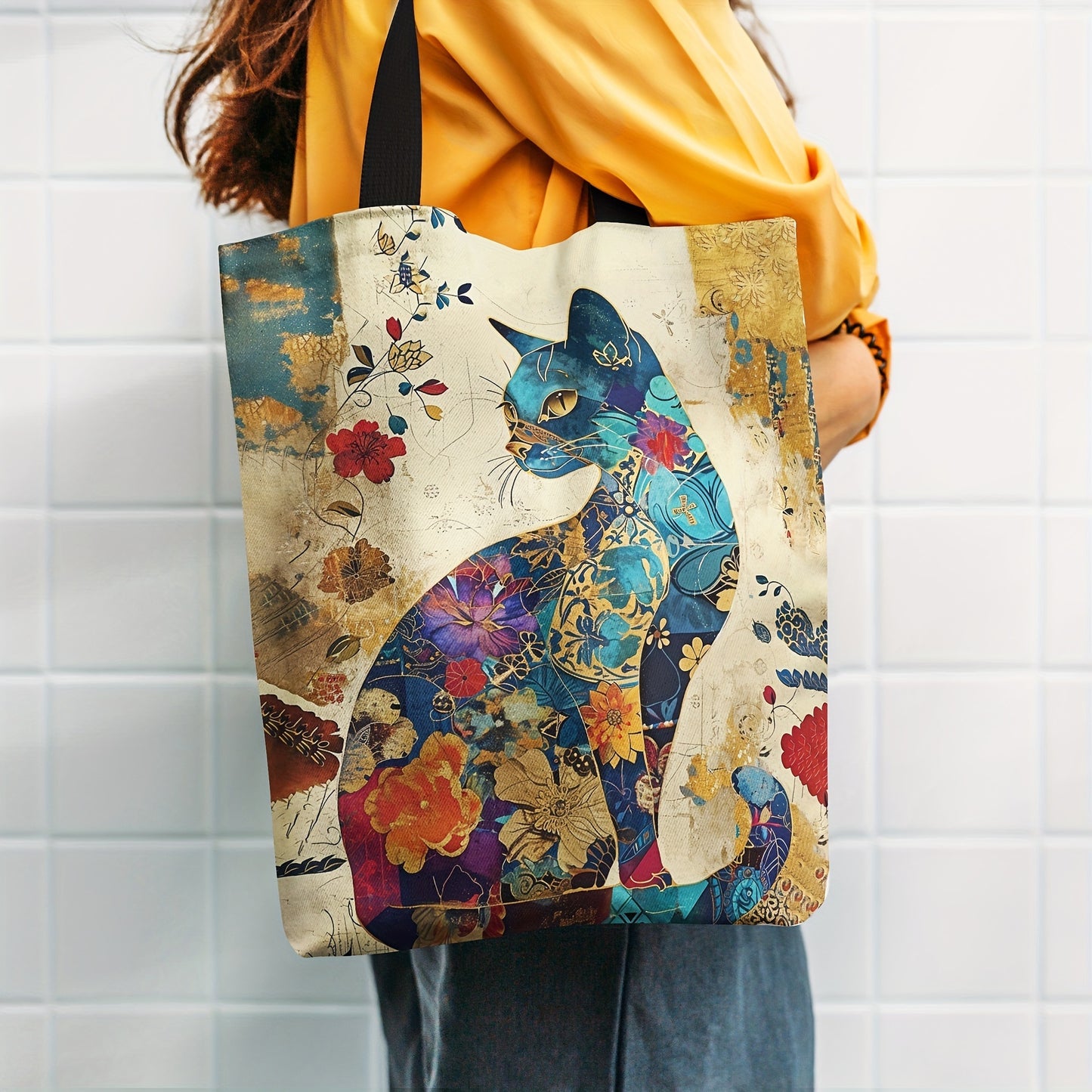 Quinn Cat & Floral Print Canvas Tote Bag