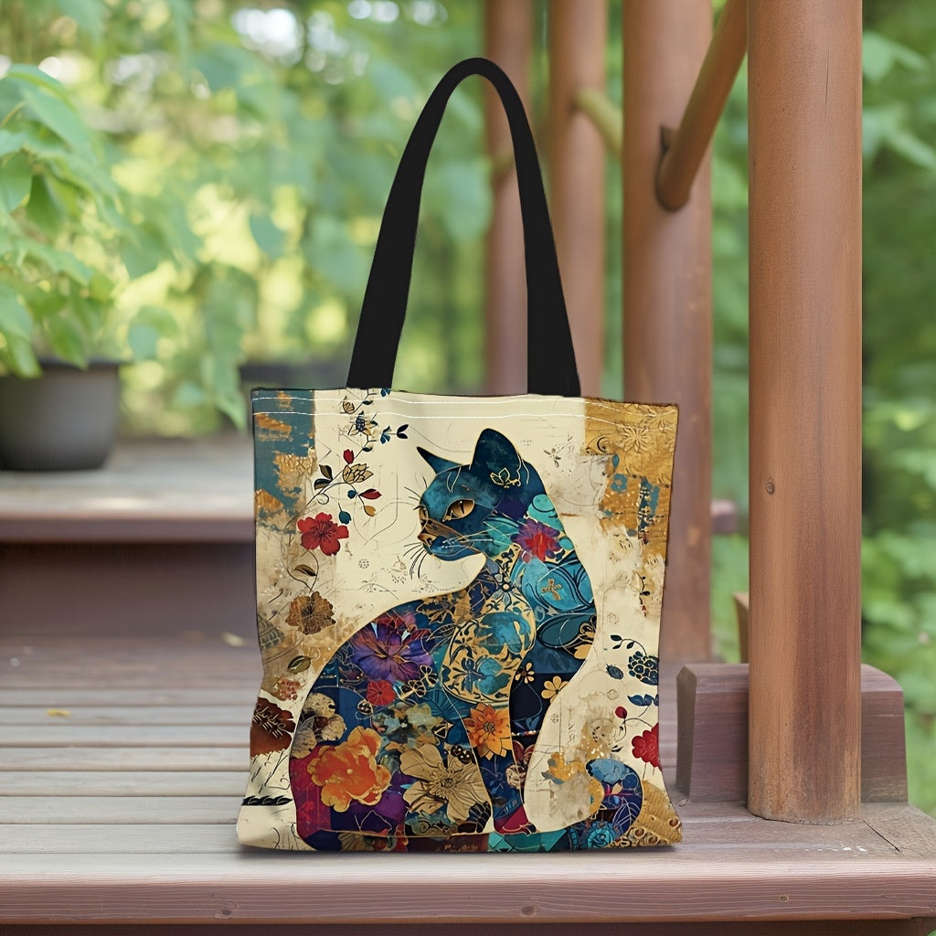 Quinn Cat & Floral Print Canvas Tote Bag